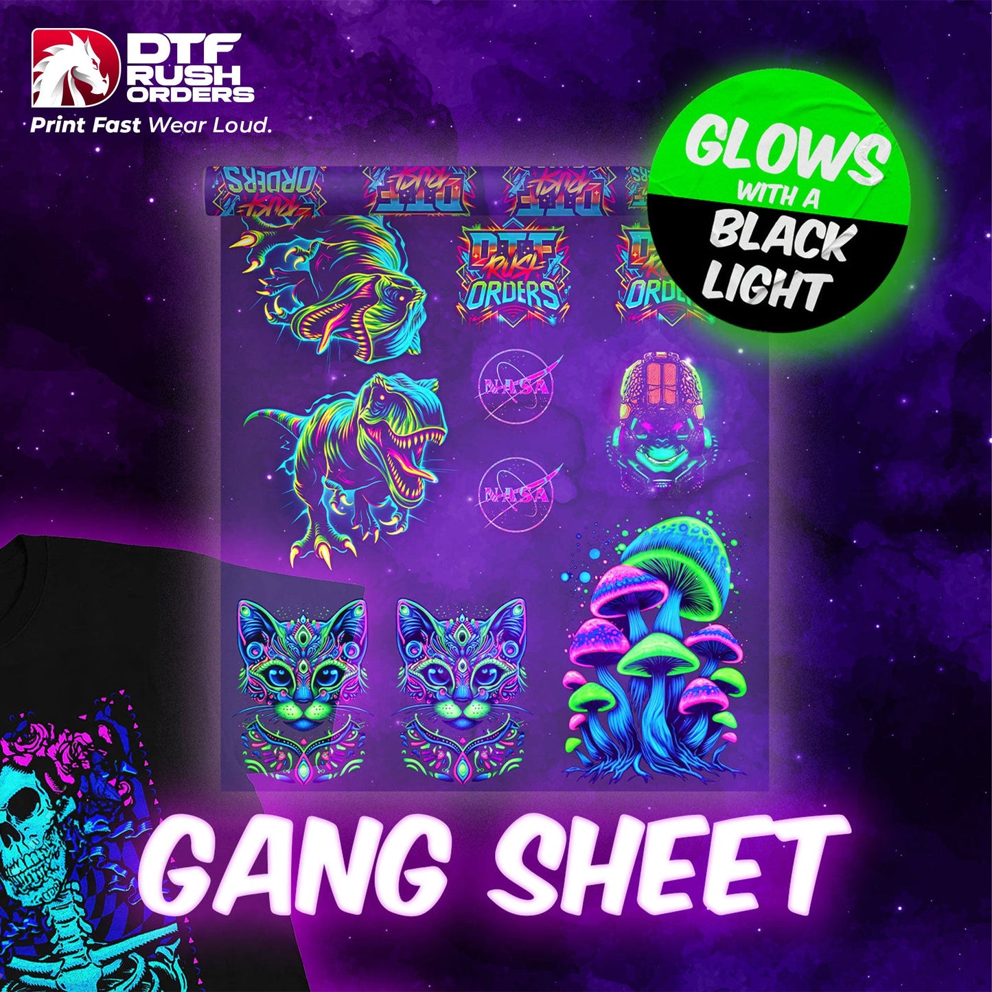 Fluorescent DTF transfer with spot color neon glowing colors print your DTF Transfers Now with the best in the business DTF Rush Orders