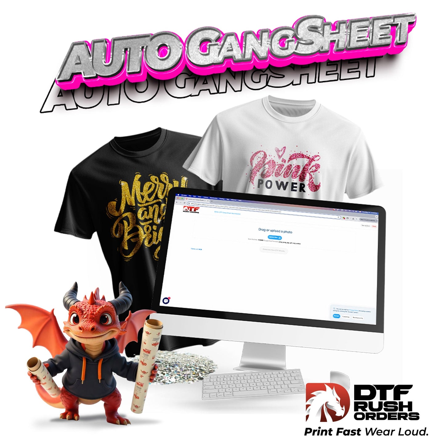Small Etsy shop owner applying DTF Rush Orders transfers to create unique custom clothing using our auto gang sheet builder.