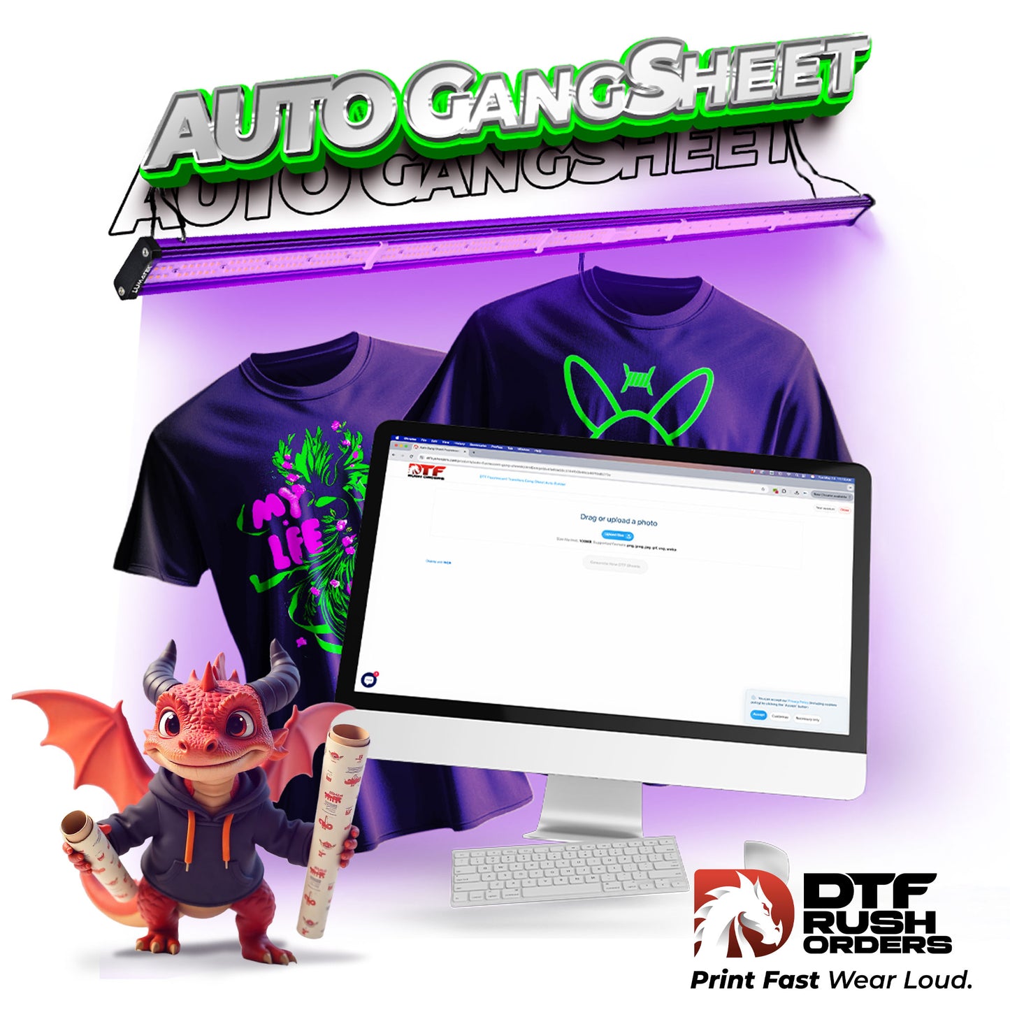 DTF gang sheet builder for fluorescent transfers or your DTF Transfers now with DTF Rush Orders