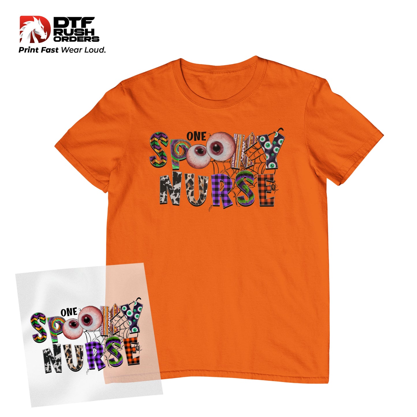 Close-up of One Spooky Nurse Halloween transfer on orange shirt