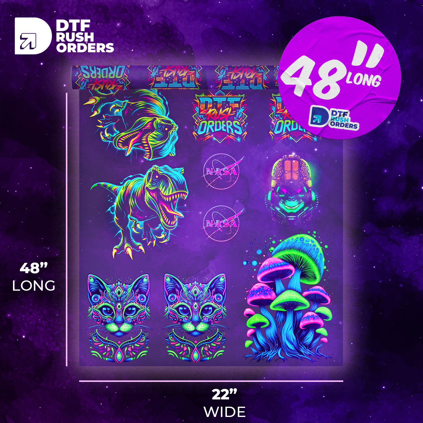 Gang Sheet Transfers for your Neon Designs Printed by DTF Rush Orders