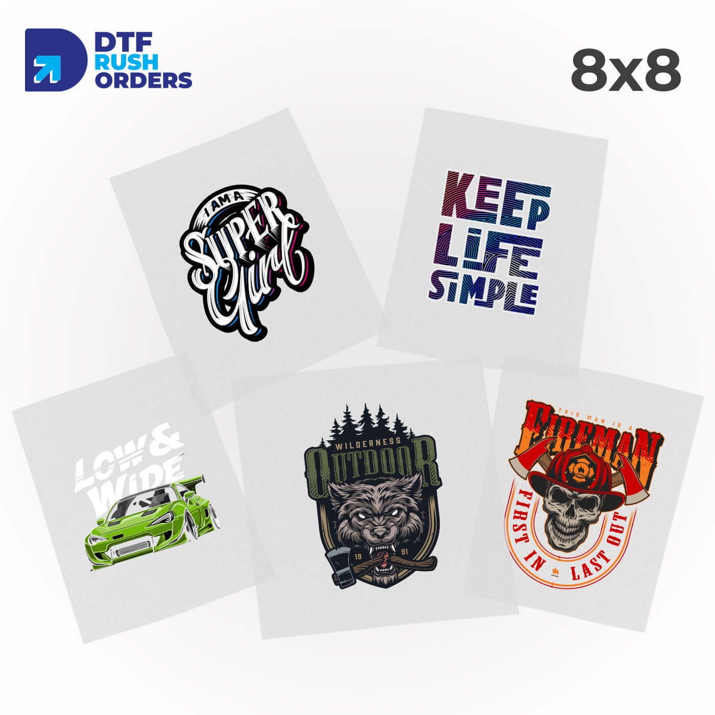 Bulk 8x8 DTF Transfers ready for diverse printing projects