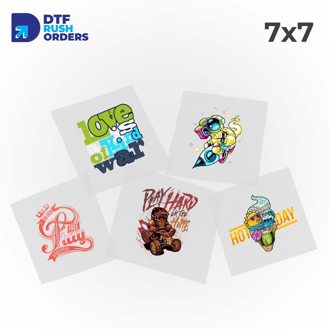 Fast and easy to order custom 7"x7" DTF Transfers Now available at DTF Rush orders